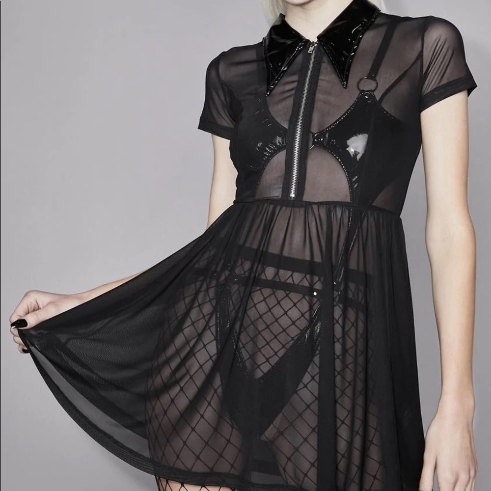 Sheer skater collar dress with leatherette collar